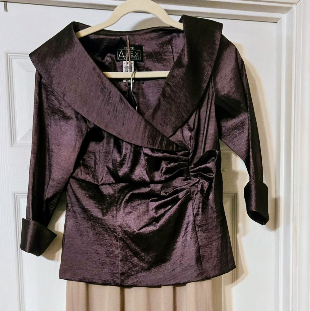 Petite Alex Evenings 3/4 Sleeve Stretch Taffeta Blouse with Tie Waist & Skirt